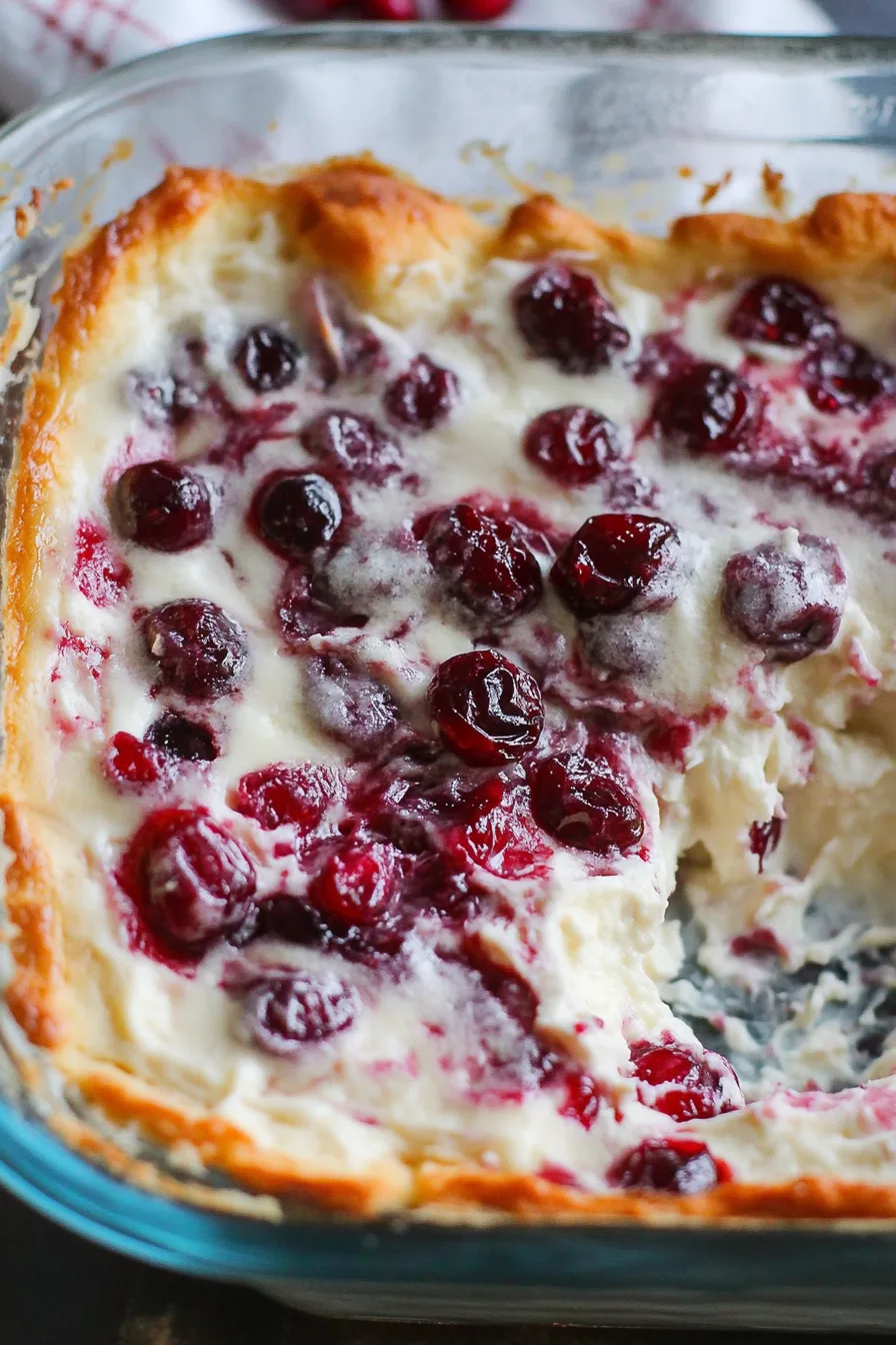 Golden-brown baked appetizer topped with cranberry sauce and herbs.