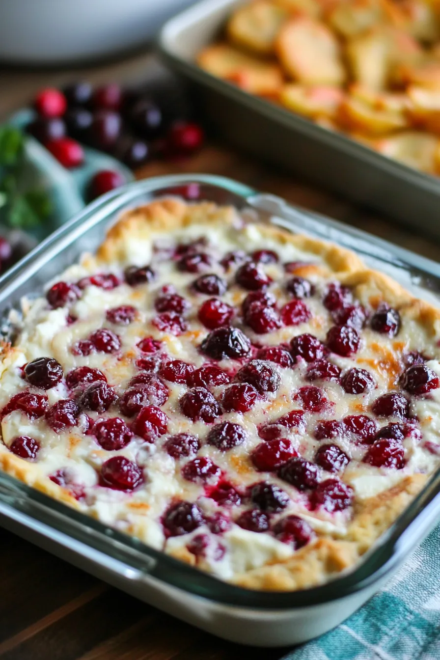 Freshly baked cheese dip garnished with bright red cranberries.