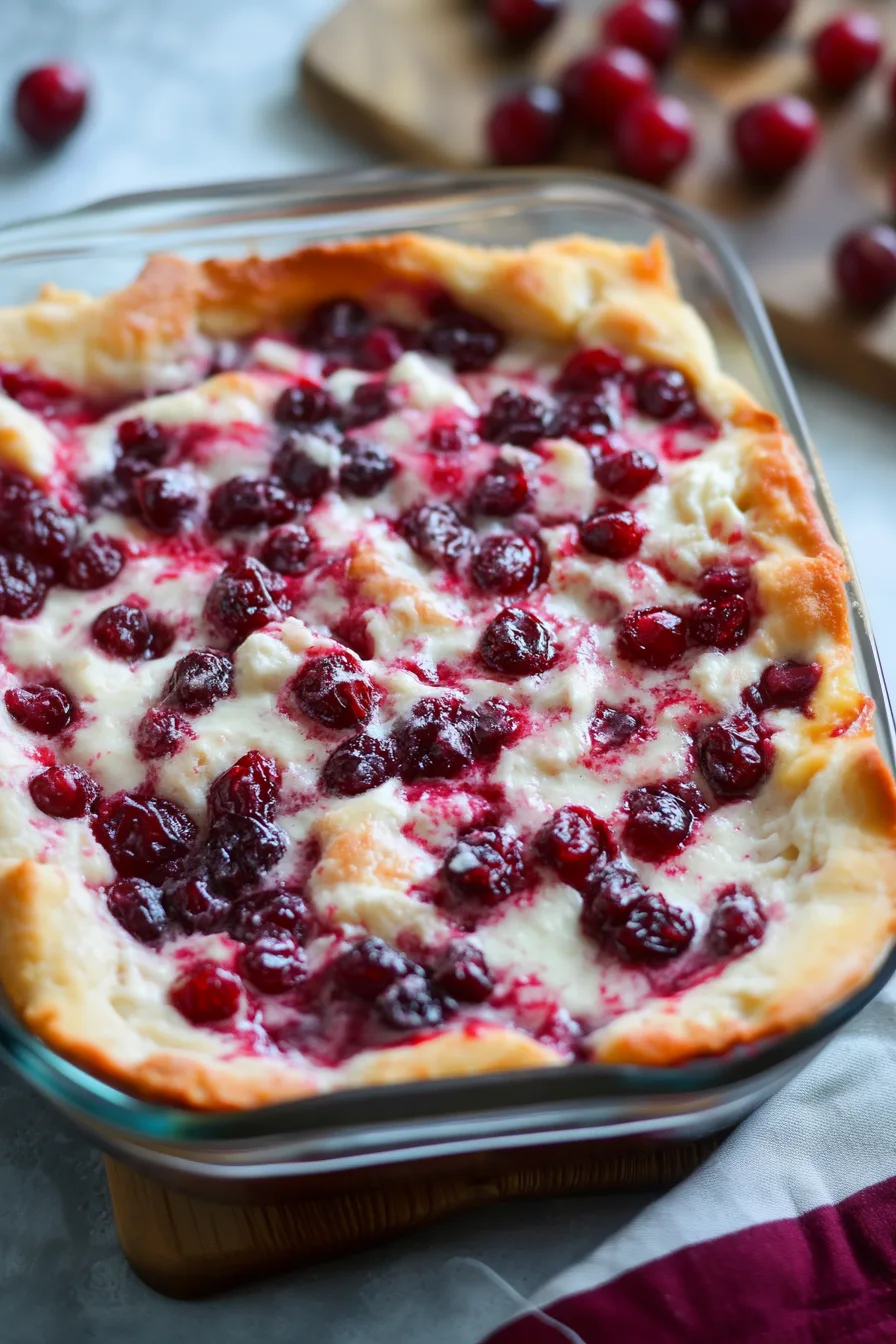 Cranberry-topped baked cream cheese dip ready to be served as an appetizer.