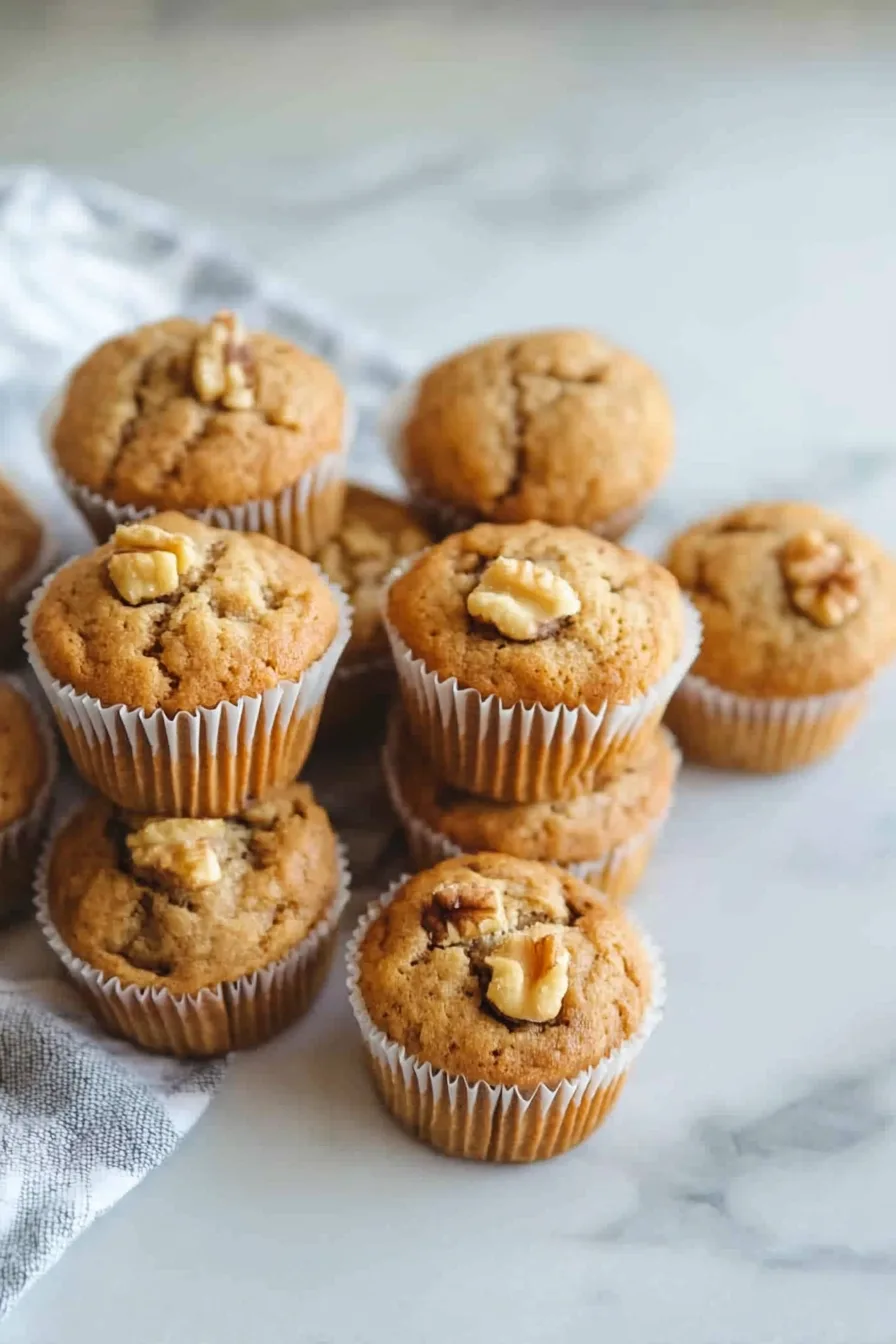Freshly baked muffins with golden tops and walnut pieces.