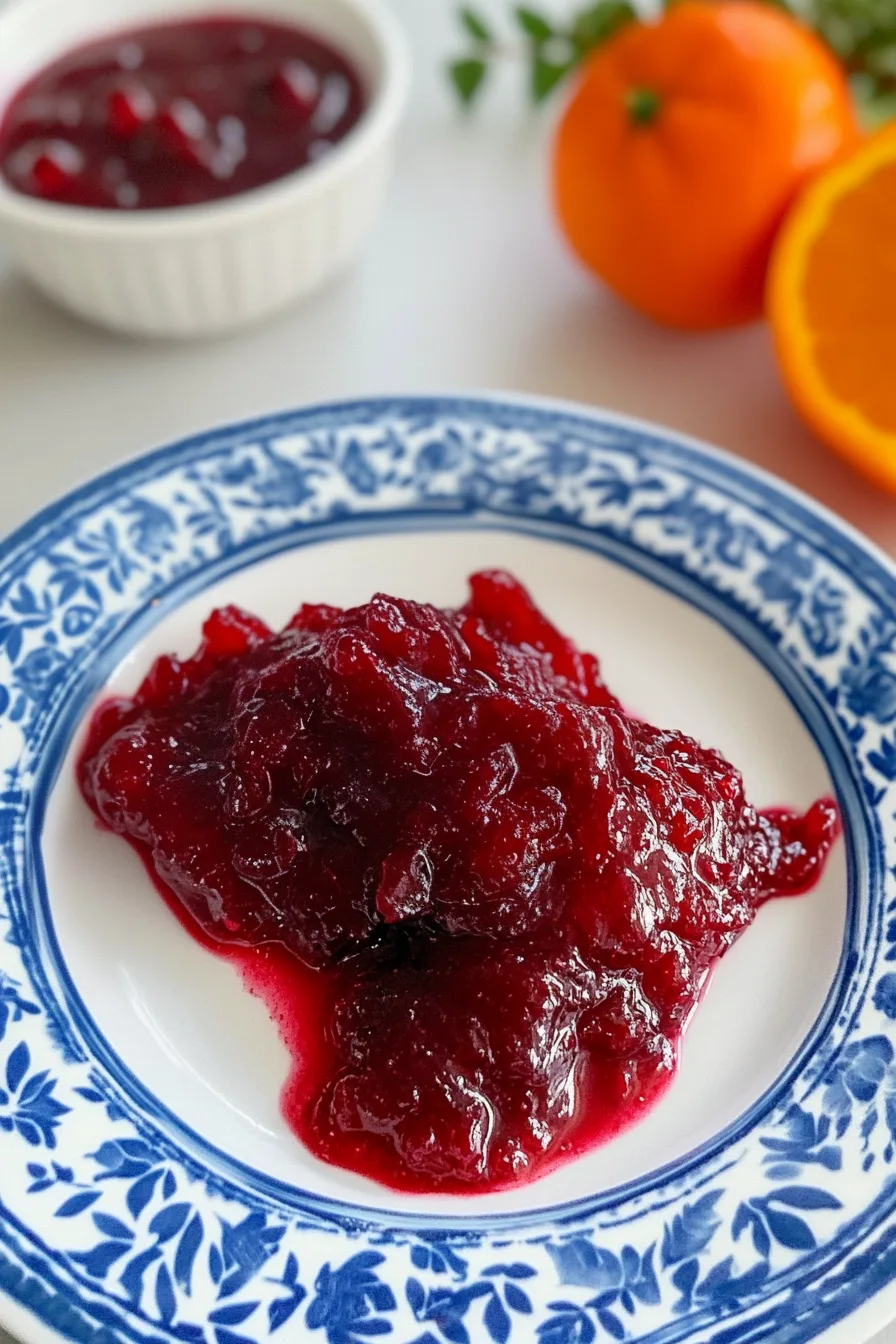 Bowl of thick homemade cranberry sauce with a glossy finish.