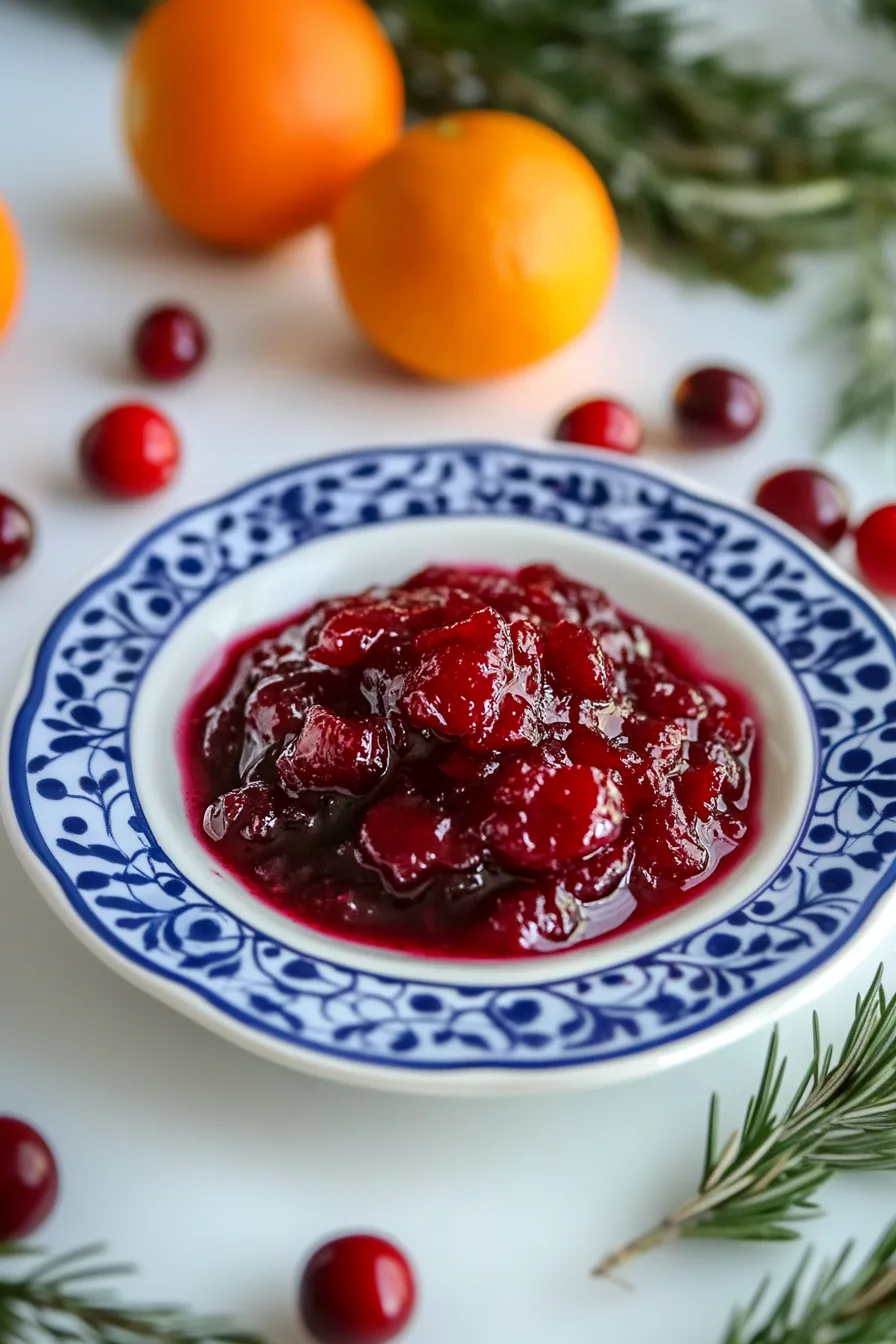 Homemade sauce made with cranberries and citrus, ready to serve.