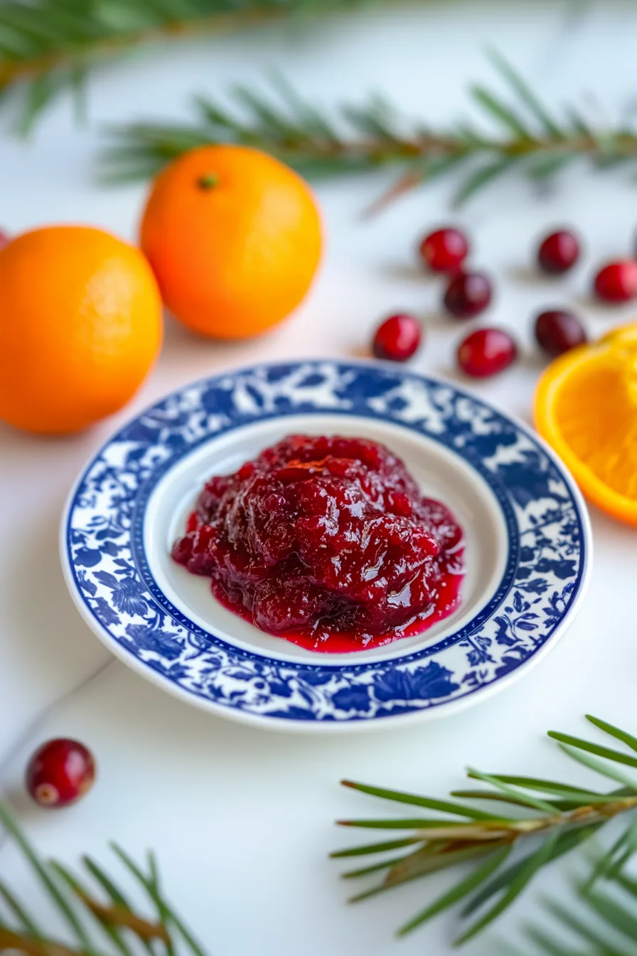 Fresh cranberry sauce served in a patterned bowl with oranges in the background.