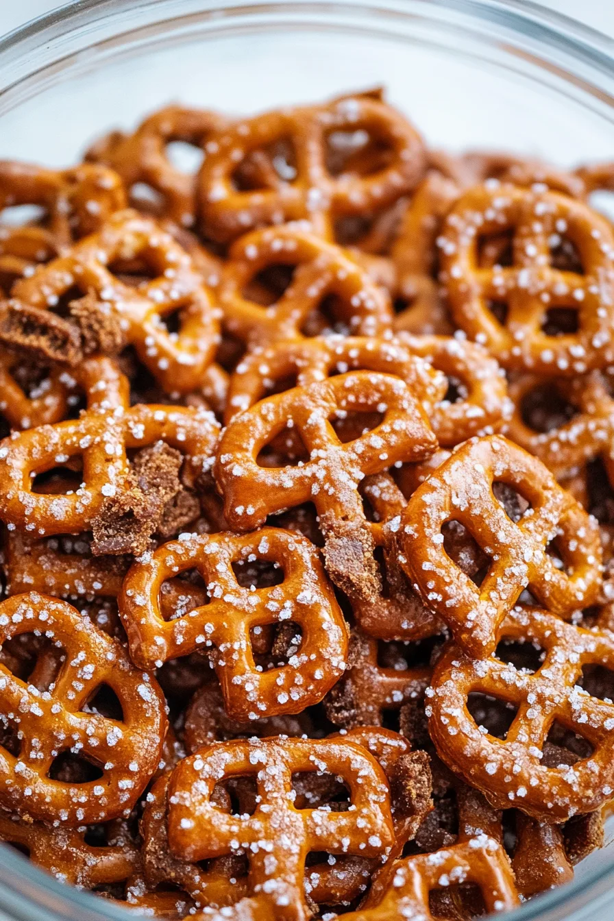 Tray of crunchy pretzels coated in sweet toffee glaze