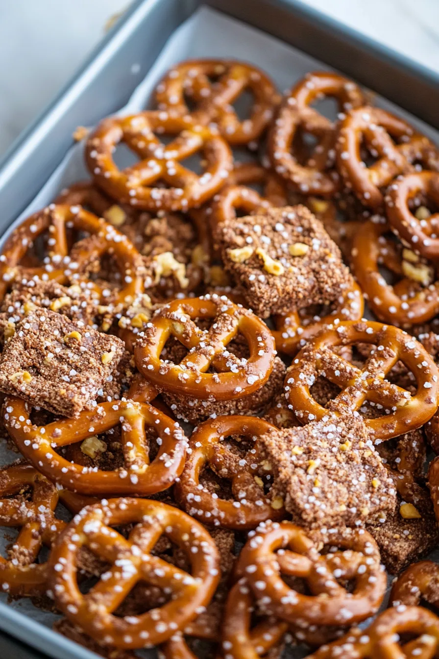 Homemade candied pretzel snack cooling on a baking pan