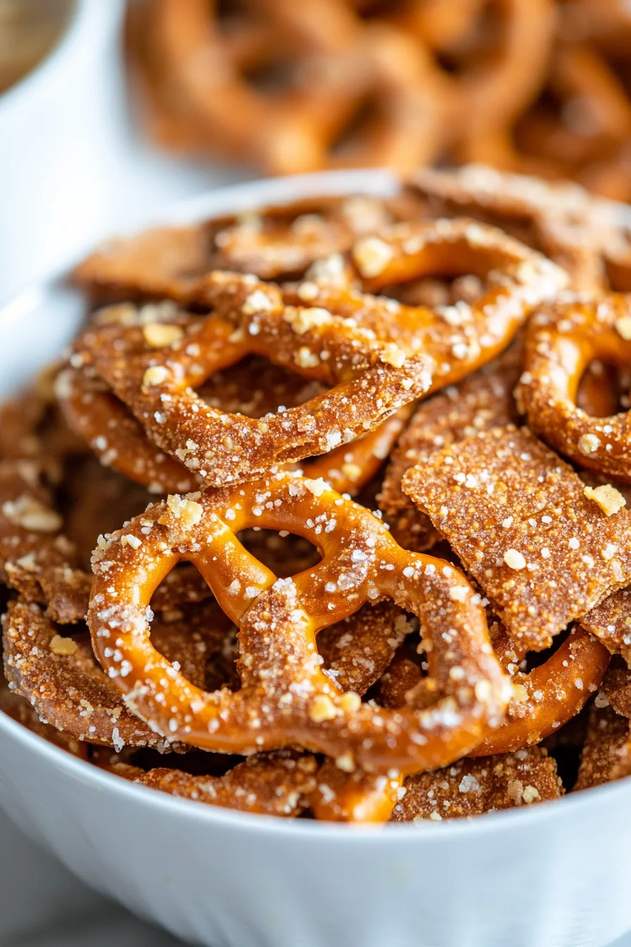 Close-up of golden pretzels sprinkled with buttery caramelized sugar