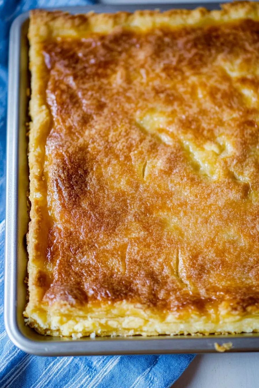 Large custard-style pie baked in a rectangular pan