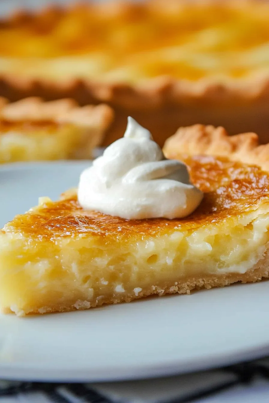 Slice of creamy custard pie topped with whipped cream