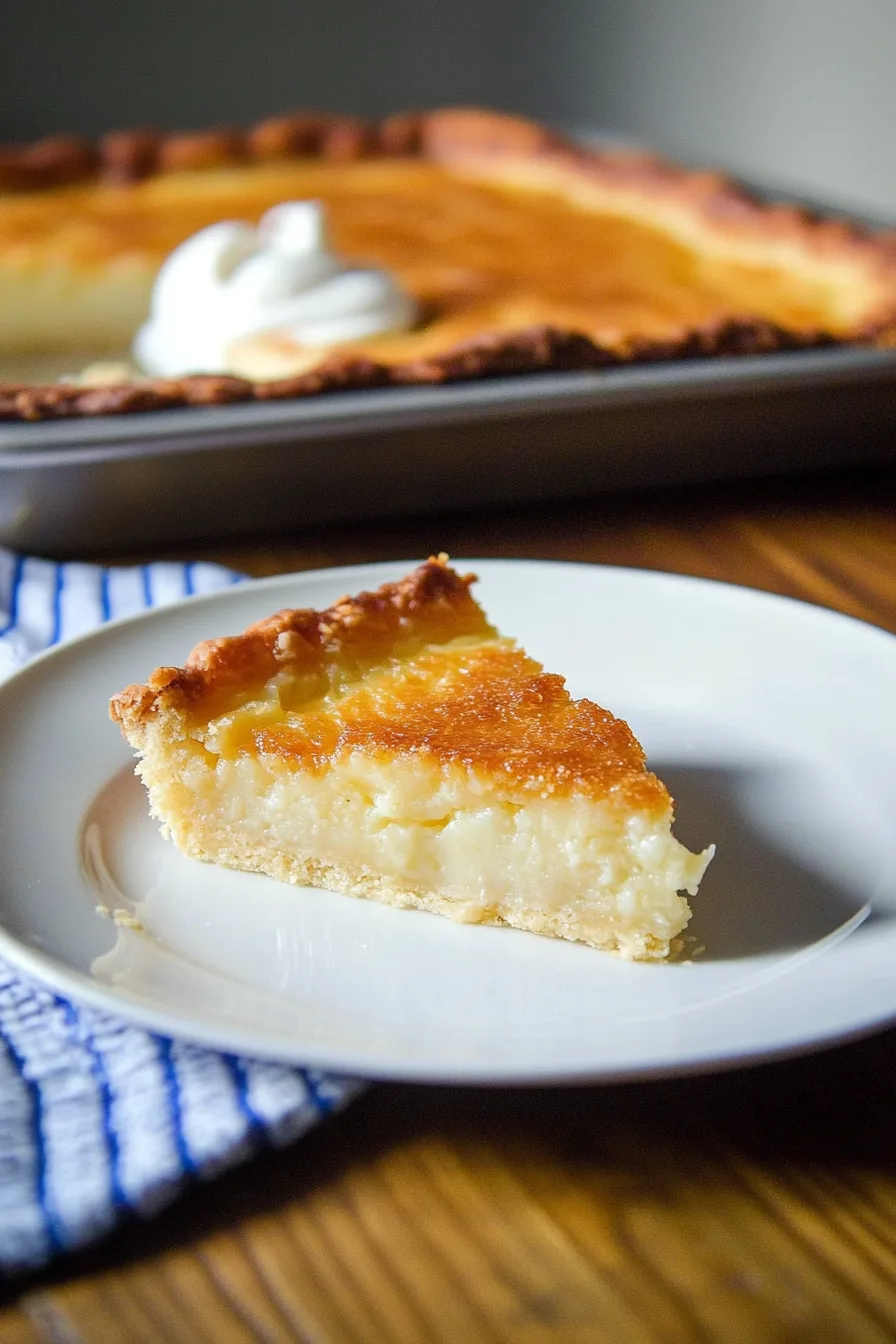Slice of golden buttermilk pie on a white plate