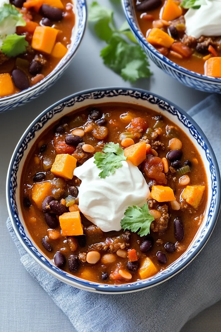 Warm chili served in a rustic bowl on a wooden table.