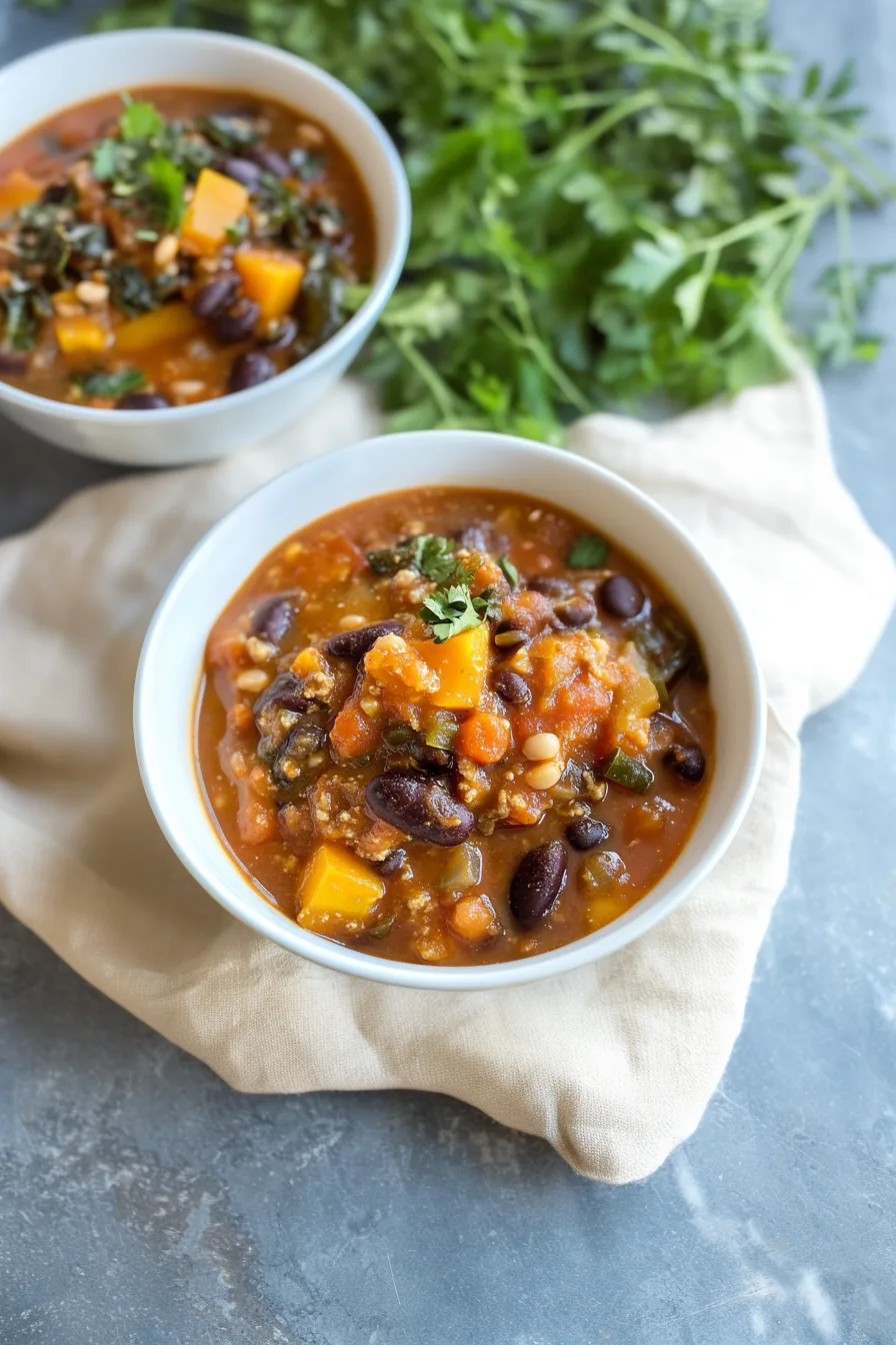 Bowl of hearty chili with chunks of squash and beans.