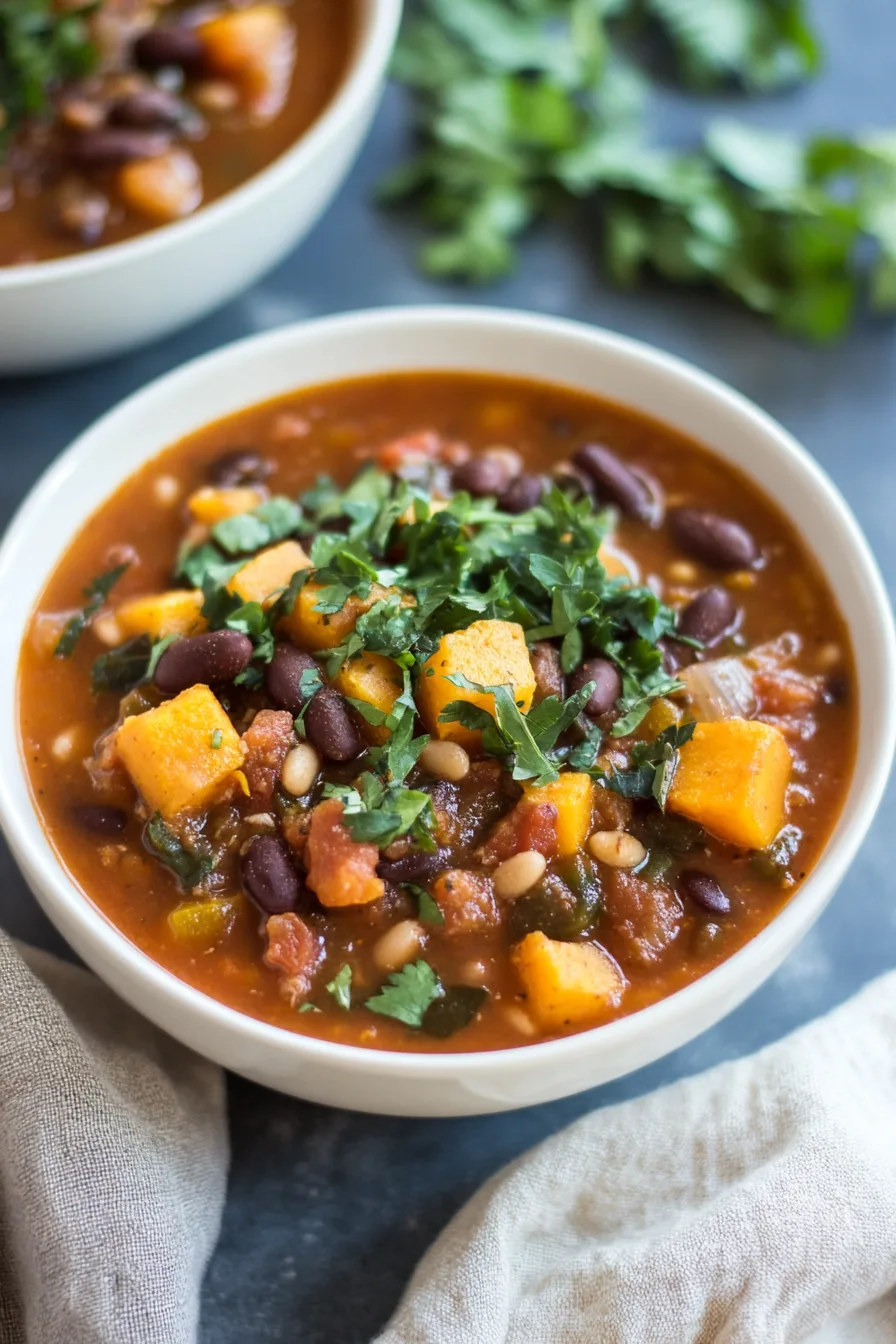 Thick, colorful chili garnished with a sprinkle of cheese.