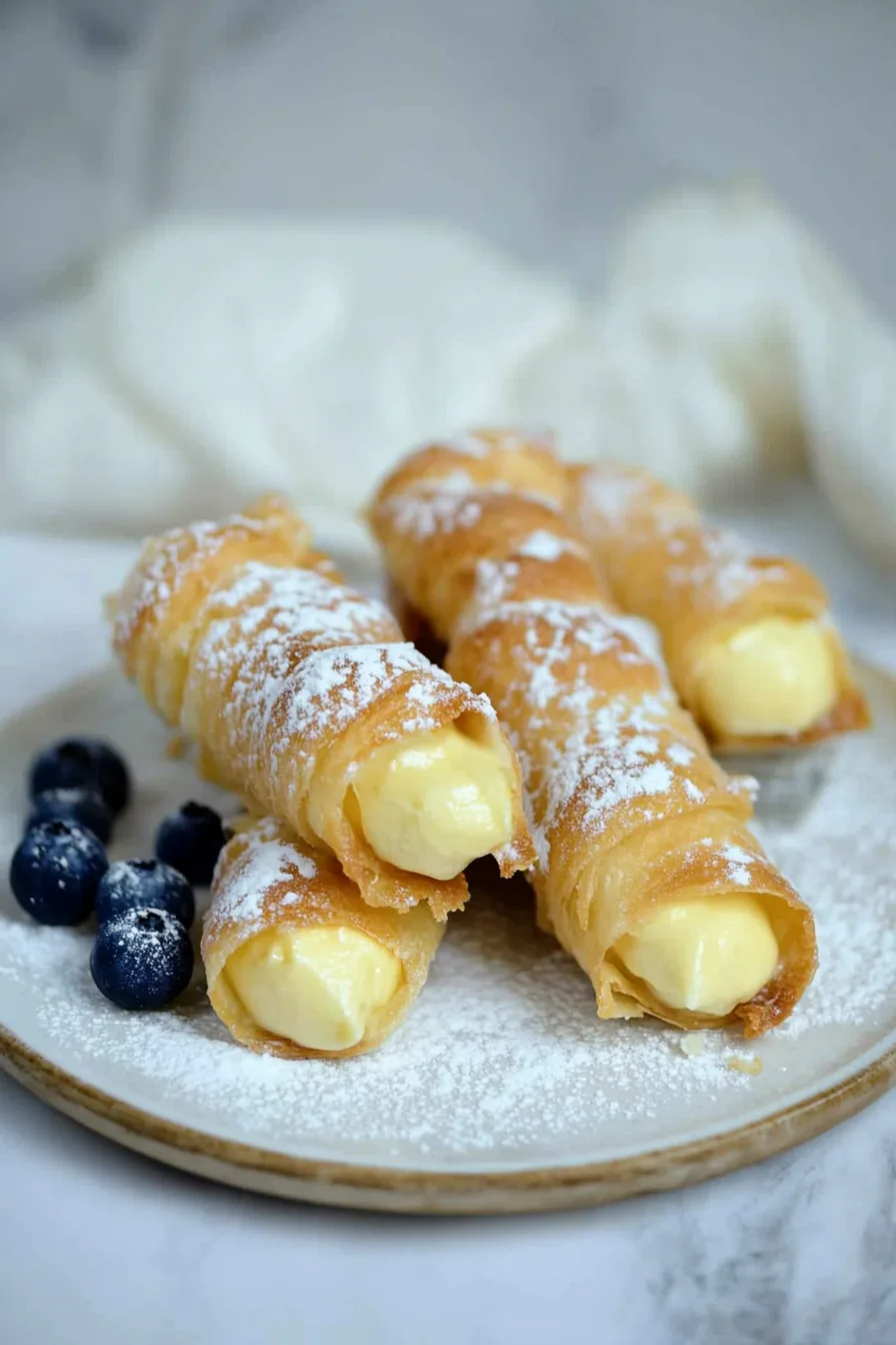 Golden pastry horns with creamy filling and a light dusting of sugar.