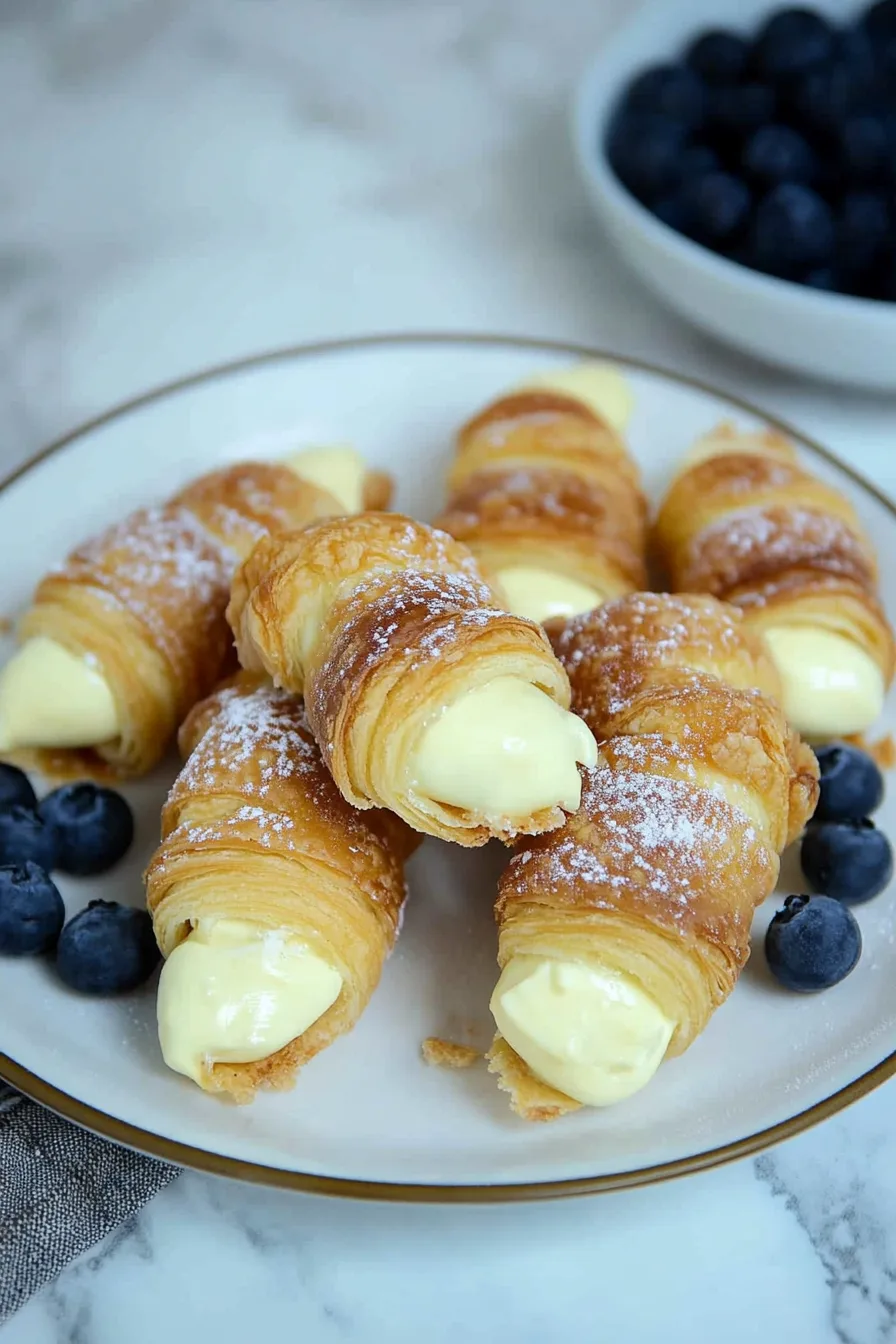 Buttery crisp Italian cream filled cannoncini stacked on a serving plate.
