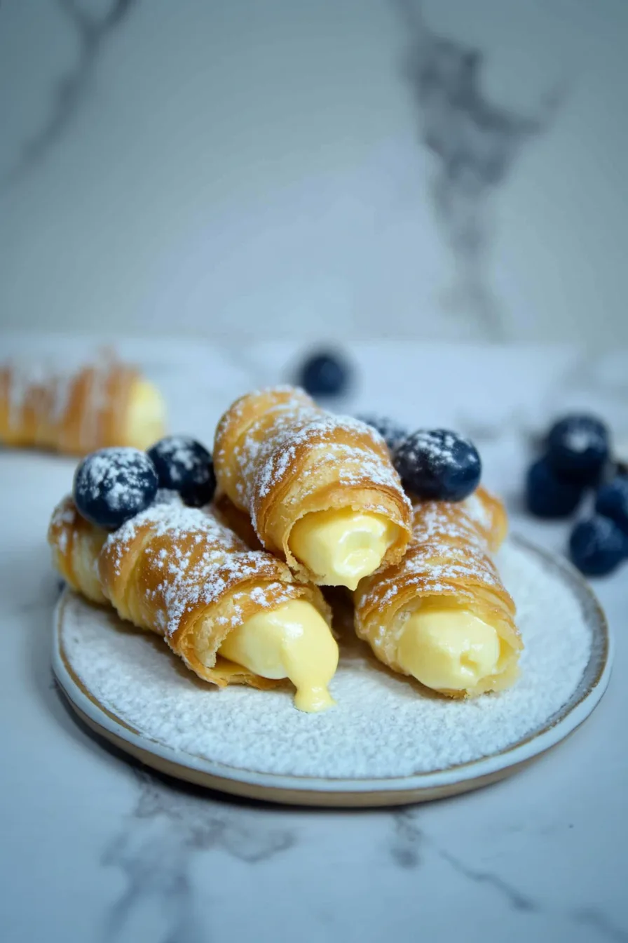 Plate of freshly baked pastries with crisp layers and rich filling.