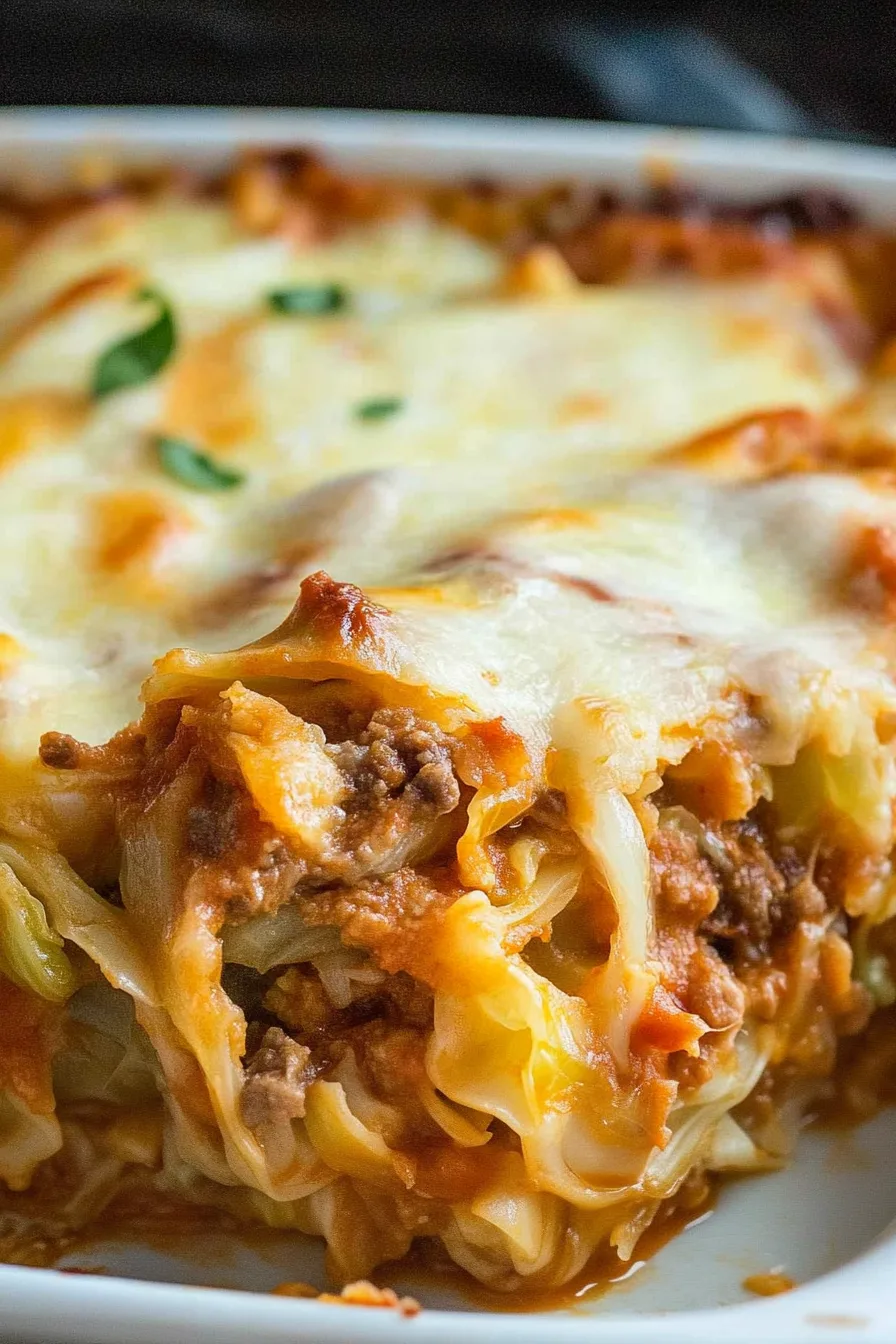Close-up of a golden-baked casserole topped with melted cheese.