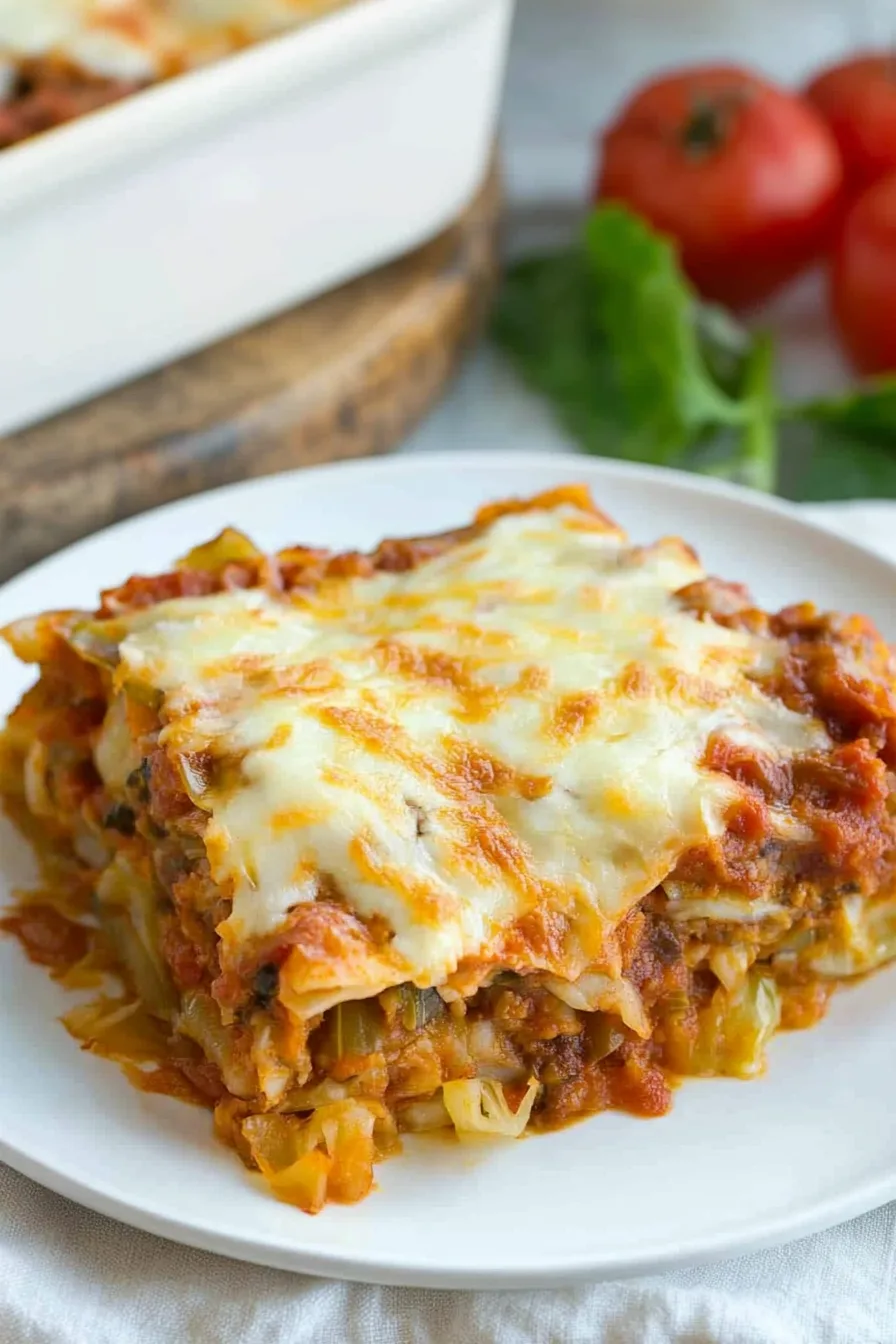A serving of warm cabbage casserole on a white plate, ready to eat.