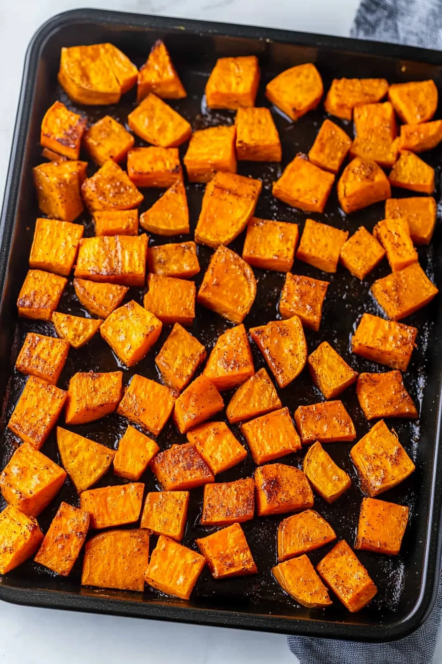 Cubed sweet potatoes baked on a sheet pan, glistening with oil and seasoning.