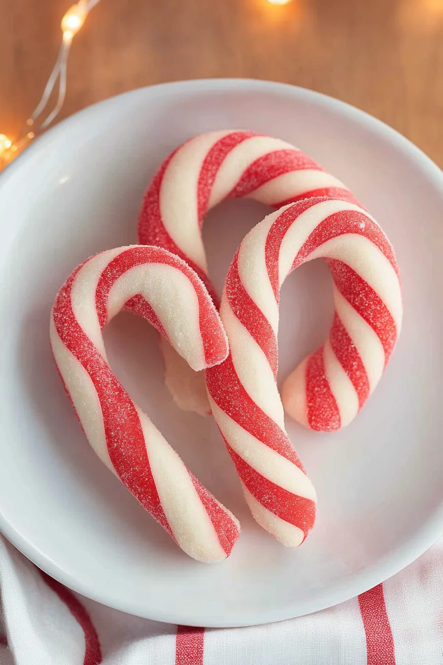 Striped holiday cookies in the shape of candy canes, arranged on a plate with lights in the background.