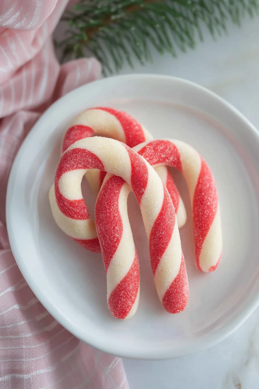 Festive red and white candy cane cookies displayed on a white plate for Christmas.