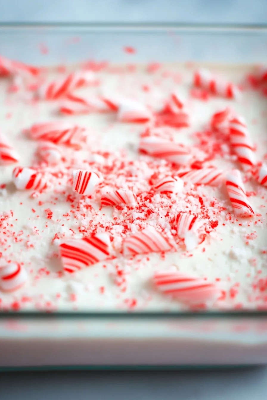 Close-up of creamy peppermint dessert bar with chocolate crust
