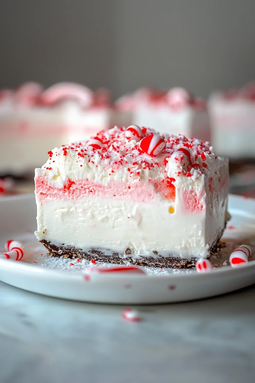 Slice of pink and white dessert garnished with peppermint candies