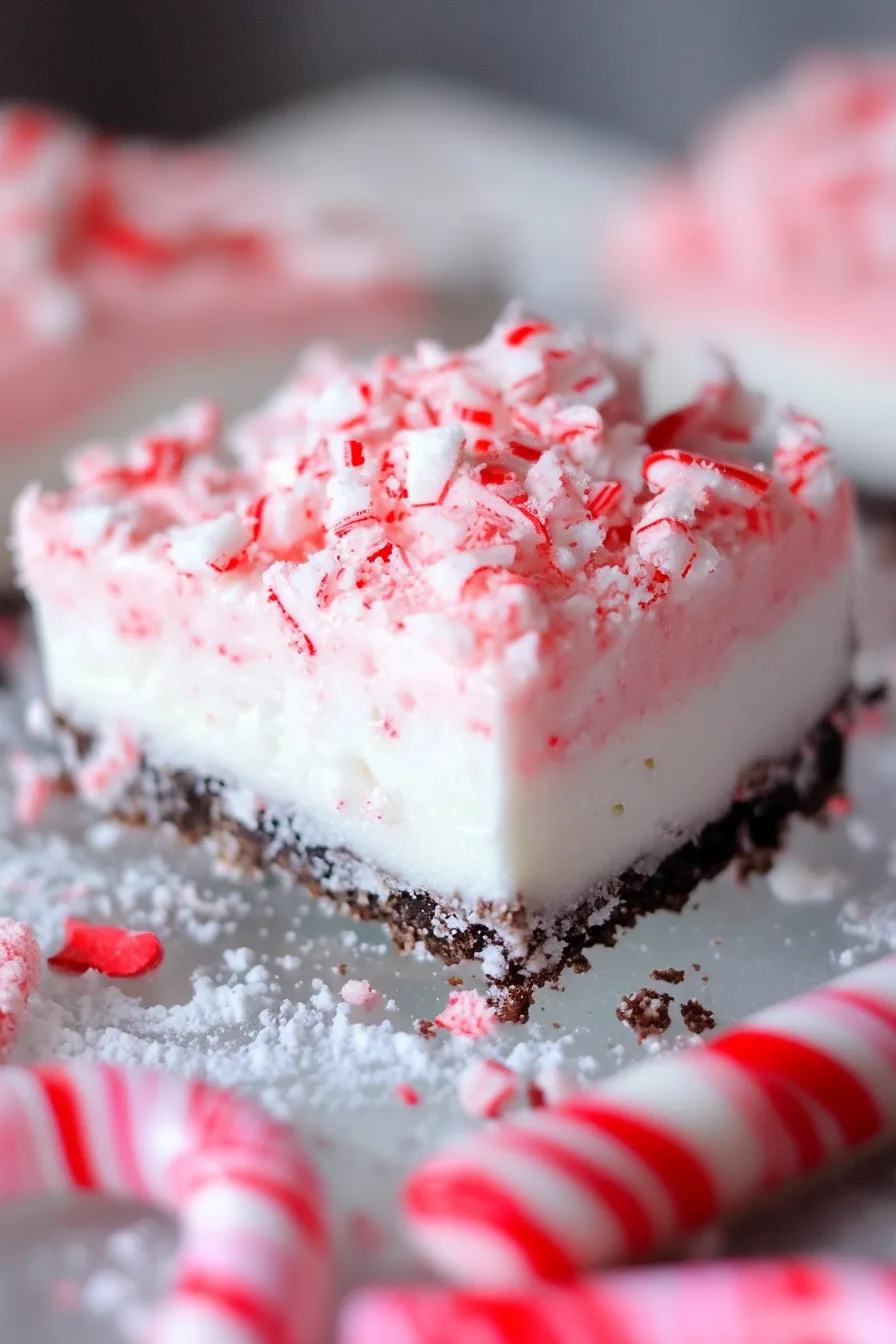 Layered holiday dessert topped with crushed candy canes
