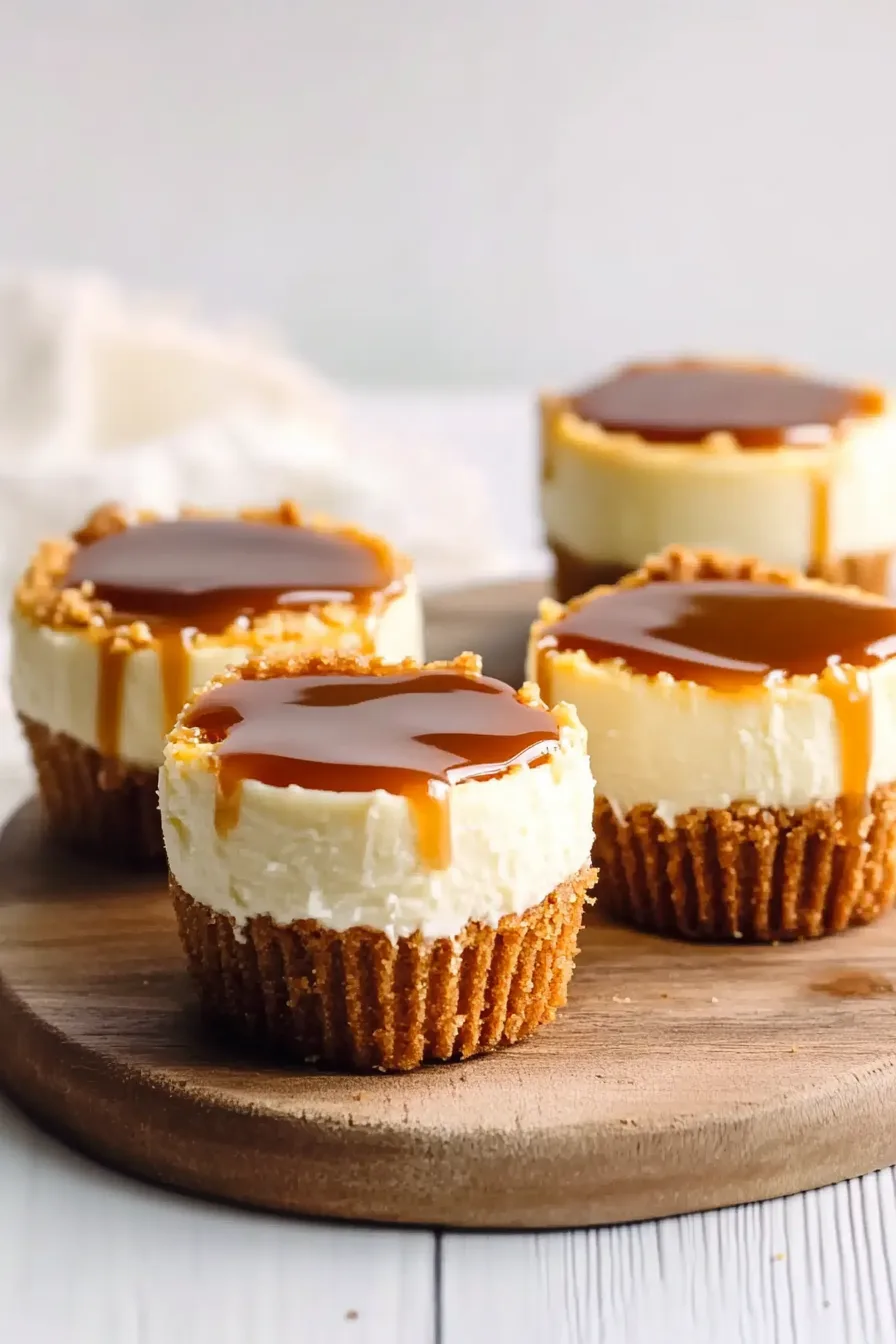 A close-up view showing creamy cheesecake topped with caramel drizzle.