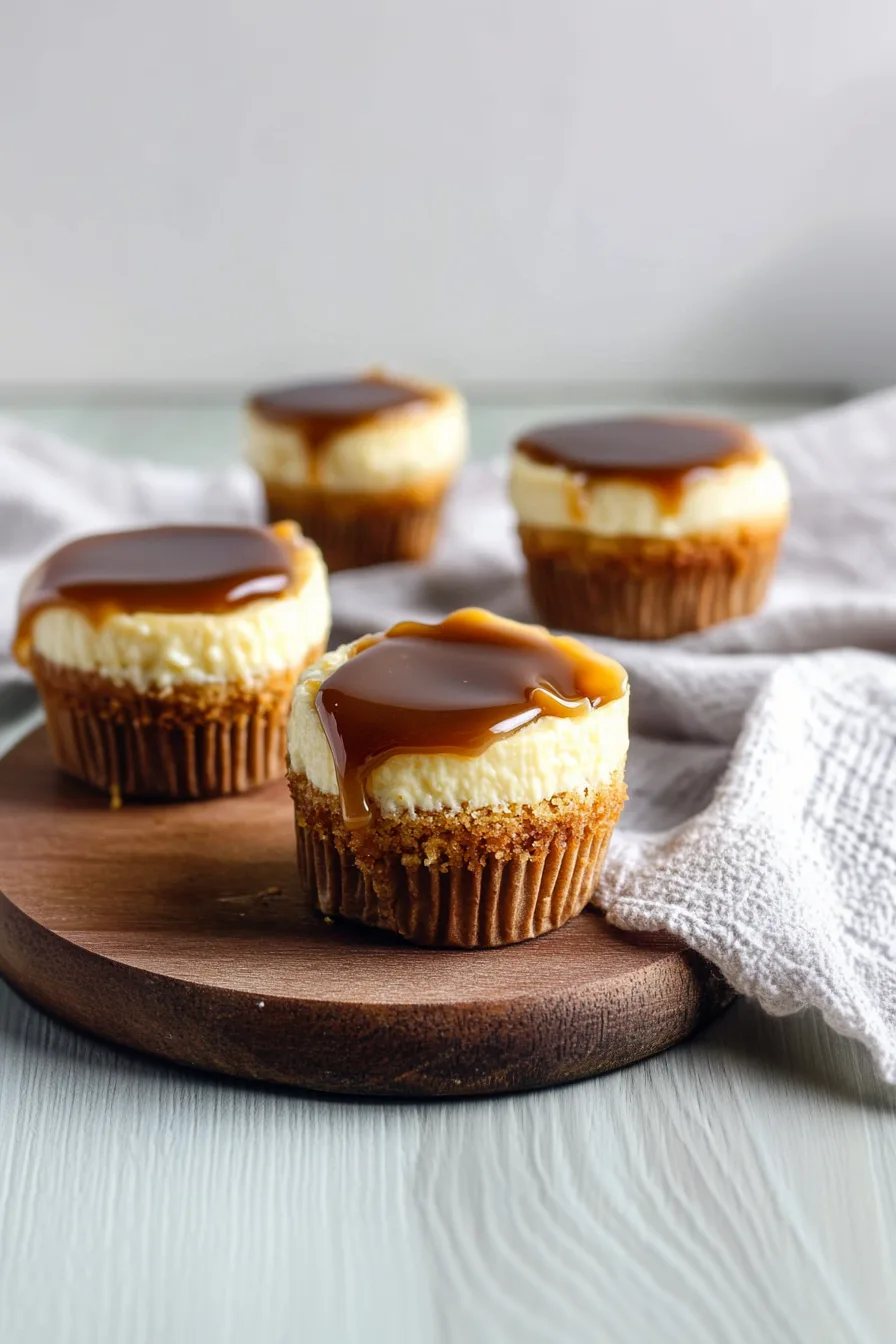 Bite-sized cheesecake pieces arranged neatly with drizzled caramel.