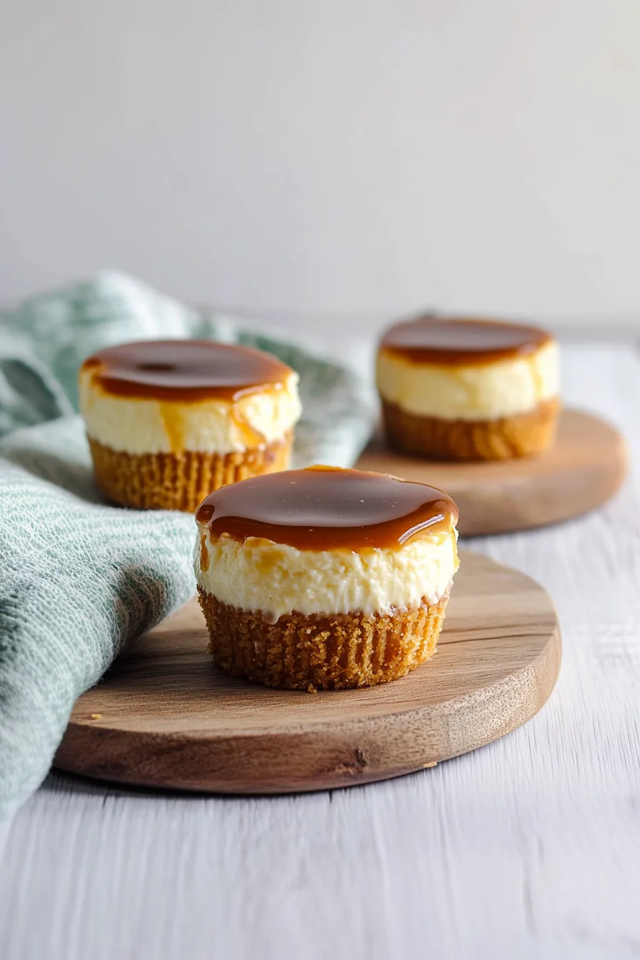 Golden caramel flowing over mini cheesecakes in a rustic setting.