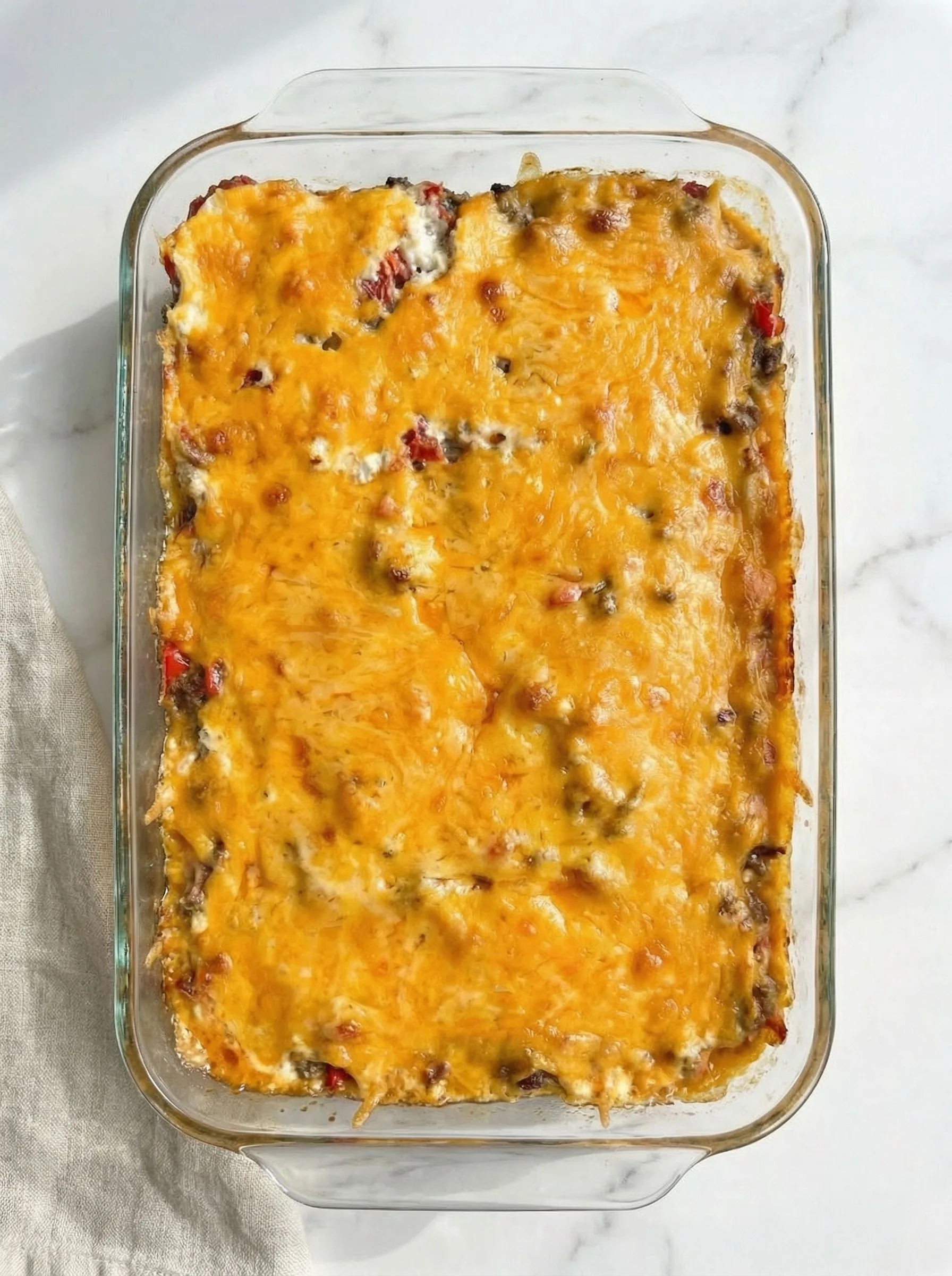 Cheesy baked Cattle Drive Casserole in a glass baking dish with melted cheddar on top