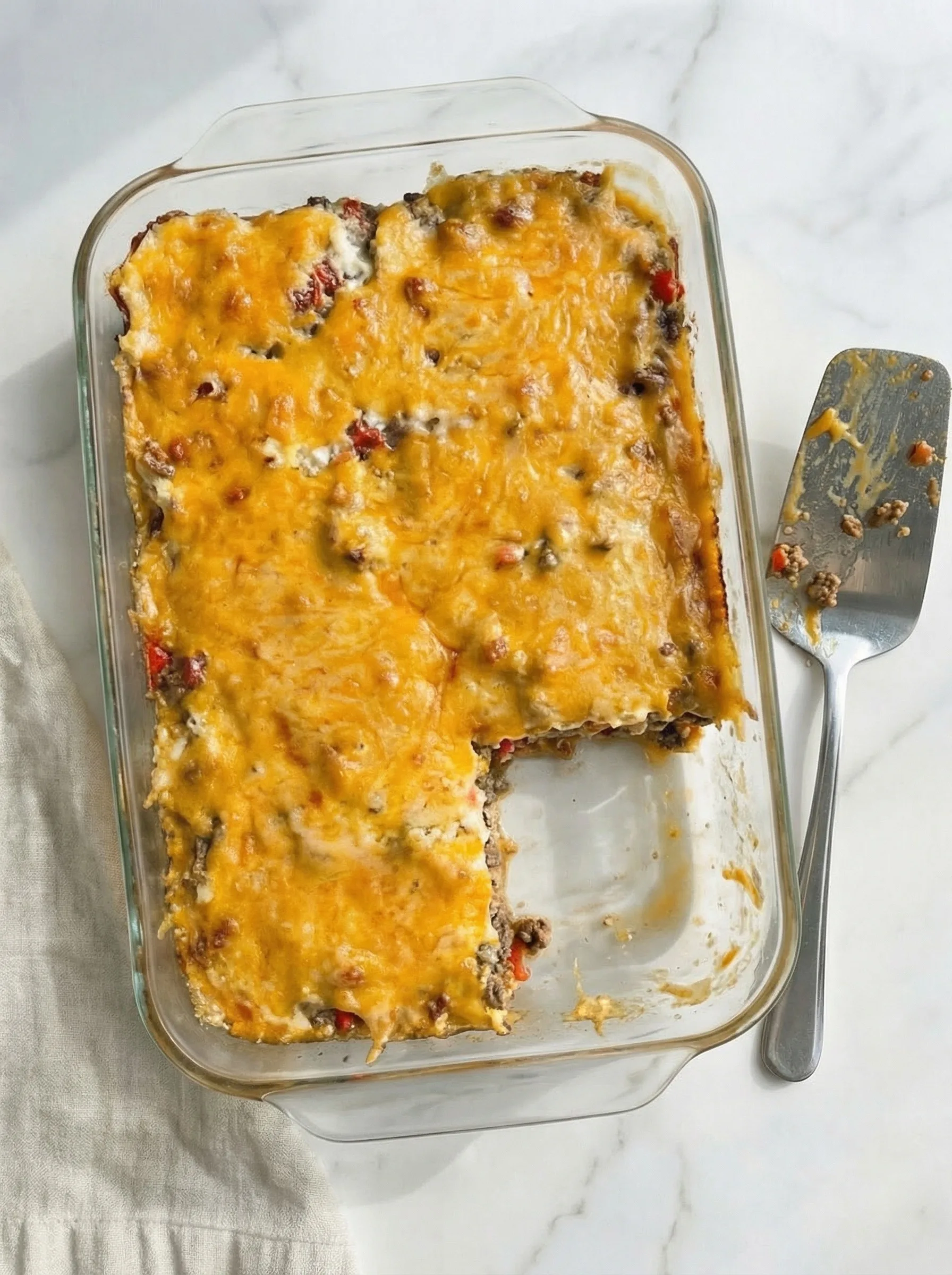 Baked casserole showing a missing square and layers of beef, cheese, and peppers