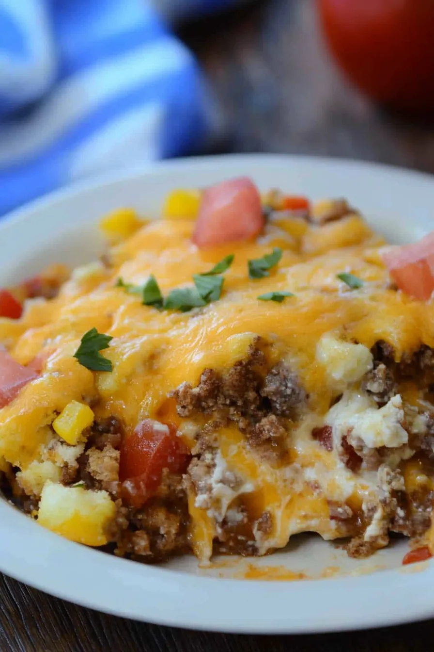 Cheesy ground beef casserole with layers of biscuit crust and toppings.