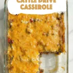 Cheesy baked casserole in a glass dish with text overlay on top