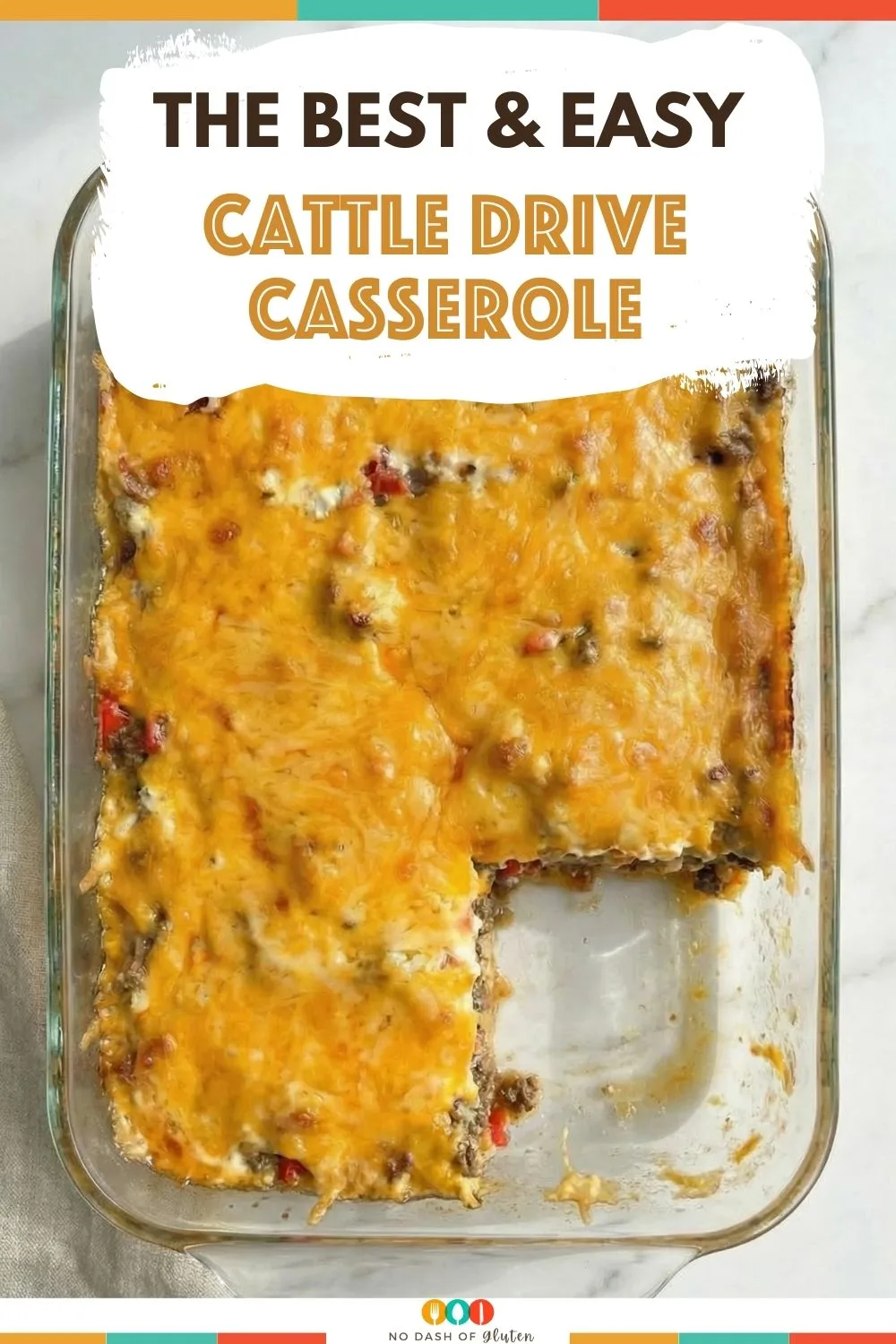 Cheesy baked casserole in a glass dish with text overlay on top
