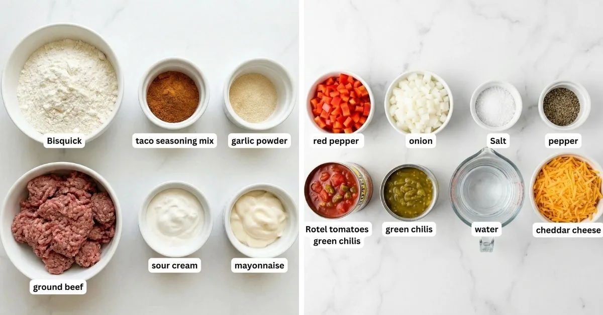 Ingredients for Cattle Drive Casserole including Bisquick, ground beef, taco seasoning, sour cream, mayonnaise, cheese, peppers, onions, and tomatoes