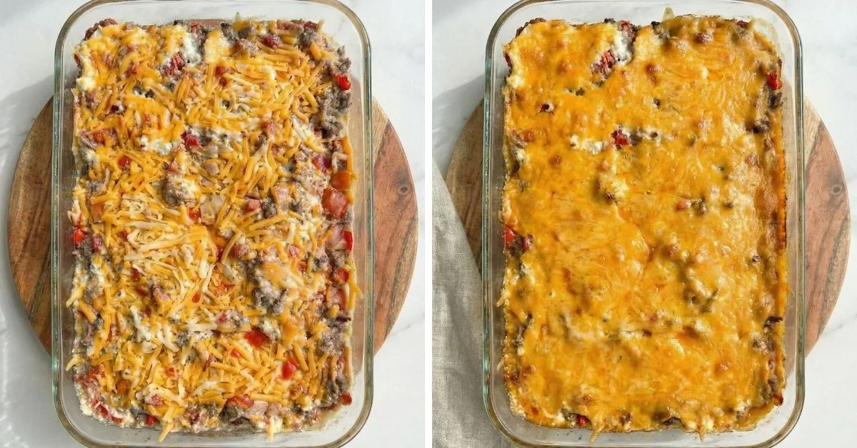 Before and after baking comparison of a cheesy beef casserole in a glass dish