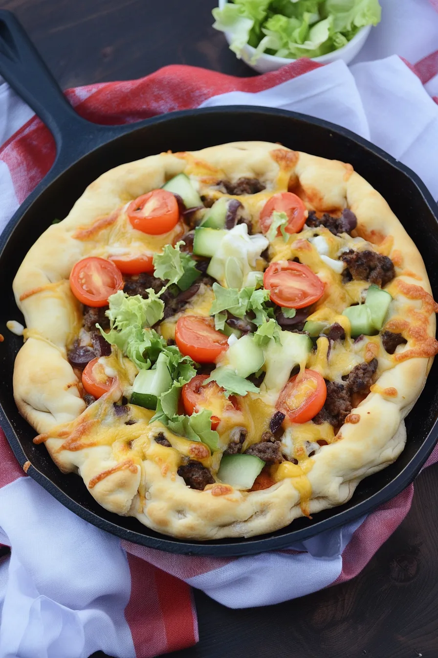 Freshly baked skillet pizza with bubbling cheese on top.