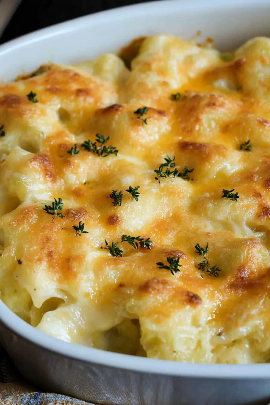 Close-up view of a creamy cabbage dish fresh from the oven