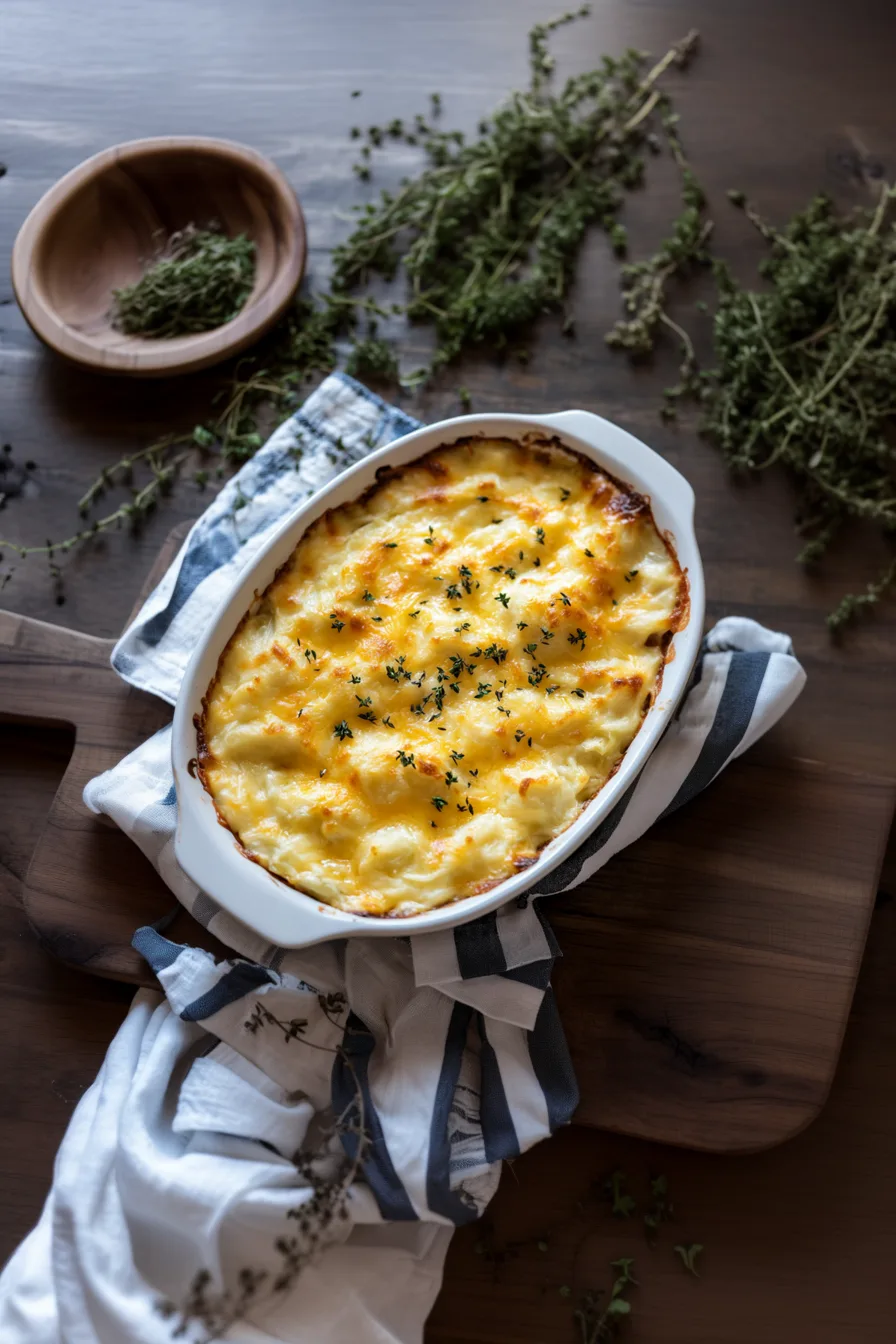 Golden baked casserole with melted cheese on top, served in a white dish
