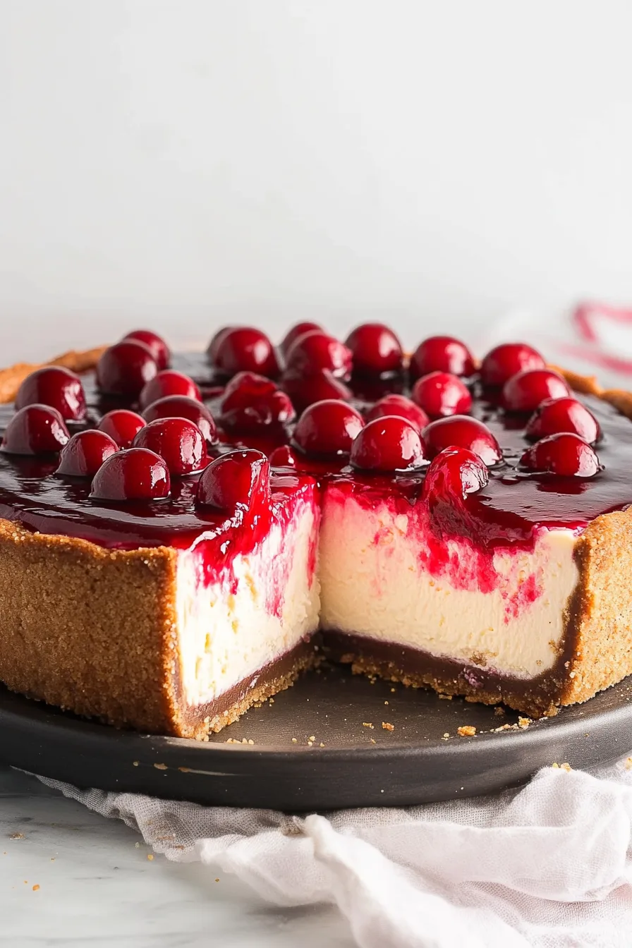 Close-up of cheesecake layers with golden crust and cherry glaze.
