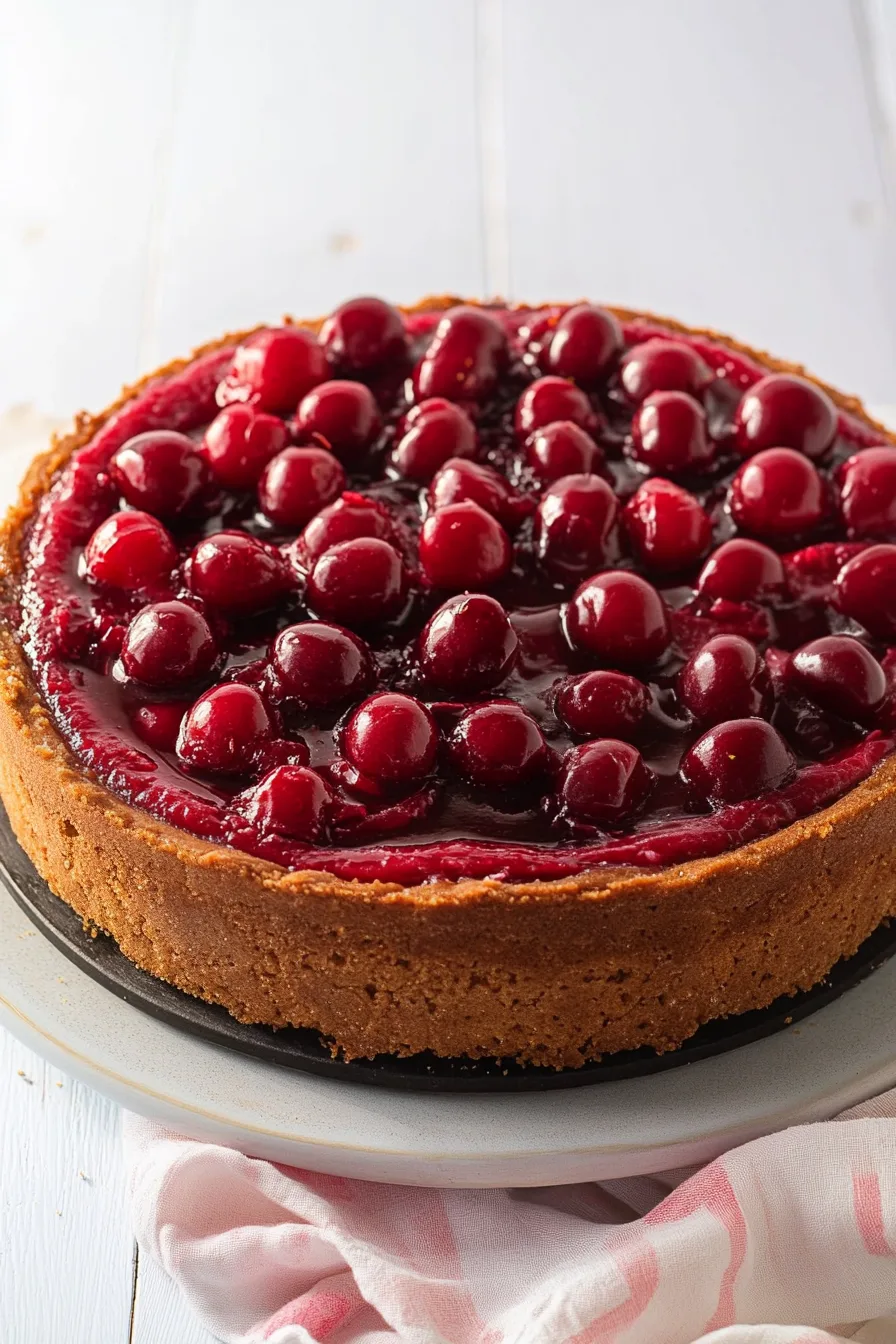 Whole cheesecake on a stand decorated with a sweet cherry topping.