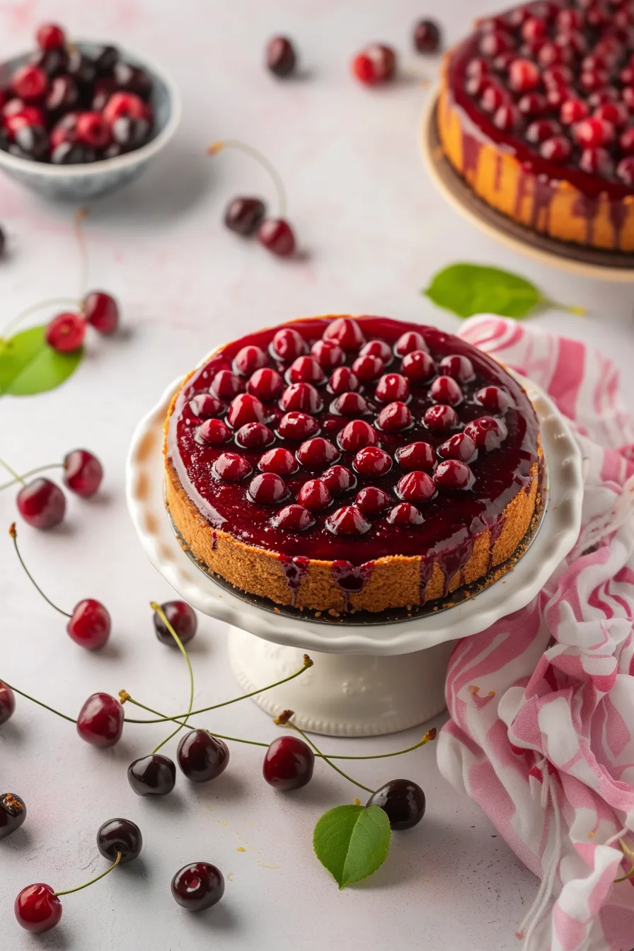 Overhead view of a baked cheesecake with bright cherry topping.