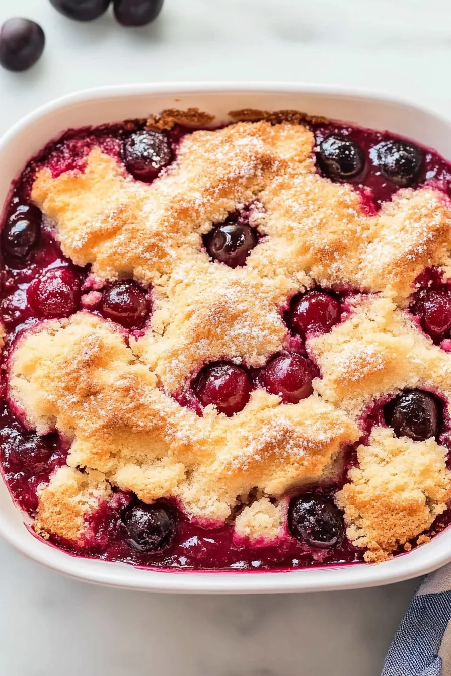Homemade dessert in a baking dish with crisp topping and juicy fruit
