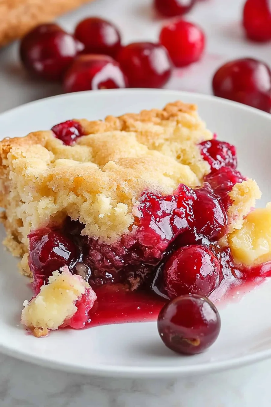Golden brown dump cake with a bubbly fruit filling peeking through