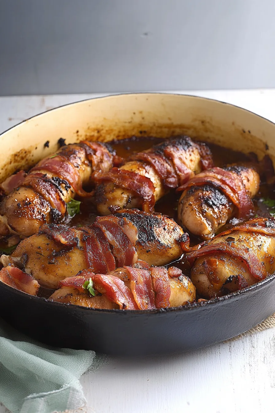 Golden-baked chicken topped with crispy bacon pieces on a serving plate.