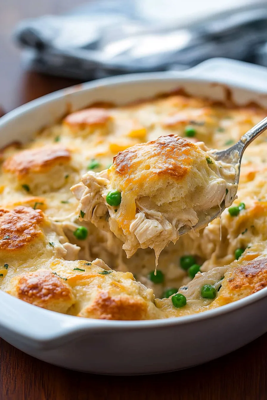 Close-up of a comforting chicken casserole topped with fluffy biscuits.