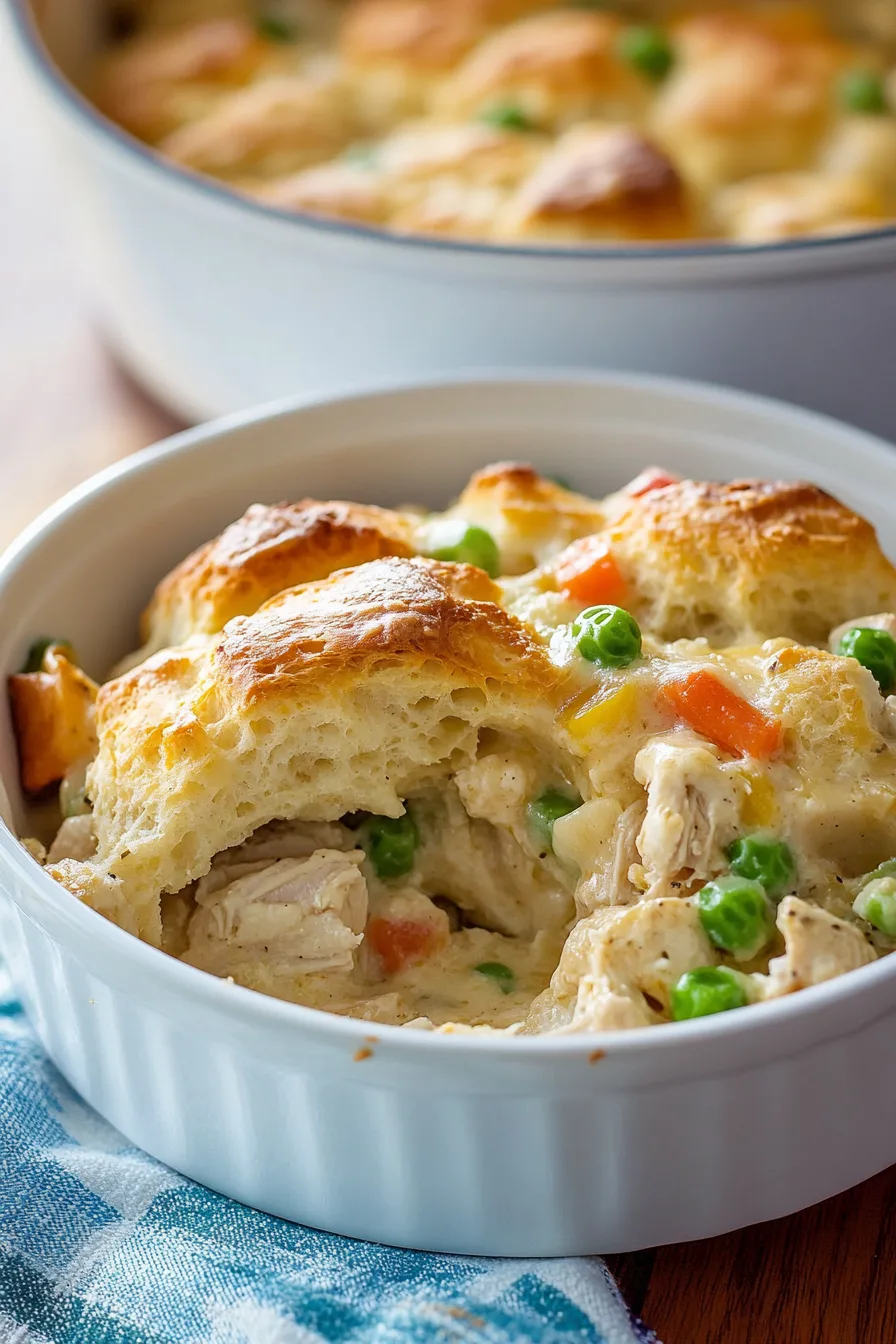 Homemade casserole showing tender chicken, carrots, peas, and buttery biscuit topping.