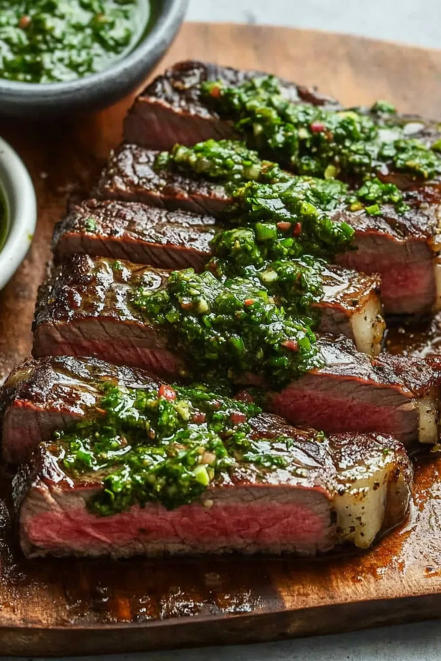 Juicy grilled steak served on a wooden board with herbs