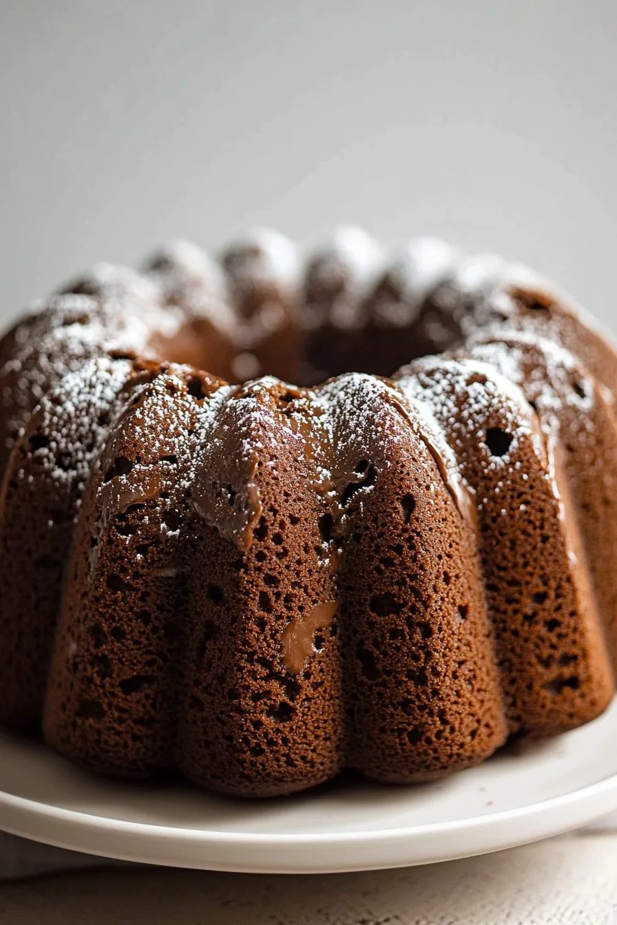 Moist chocolate-flavored cake without frosting or glaze